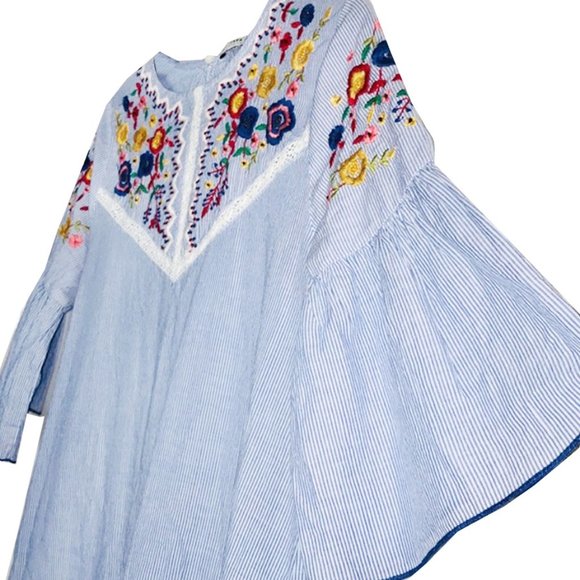 ZARA Blue & White Striped Floral Embroidered Dress - Picture 9 of 14